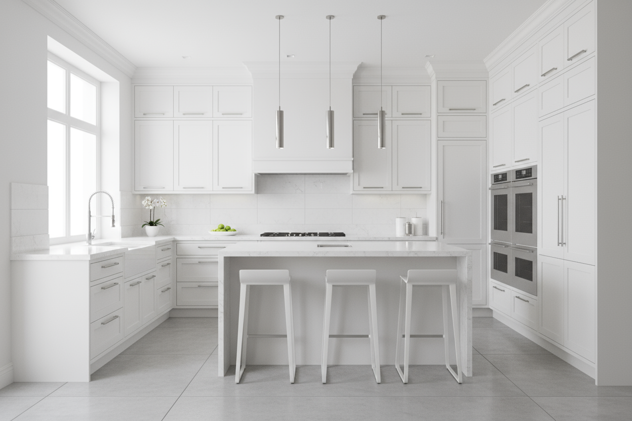 help me to crear an image of a kitchen custom made in white, just like a render 