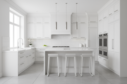help me to crear an image of a kitchen custom made in white, just like a render 